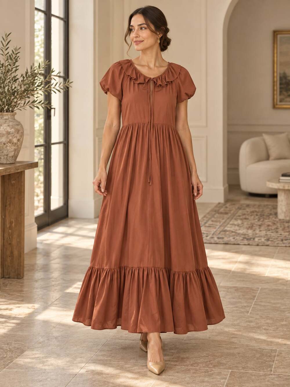 Ivy City Co Midi Dress 18W Rust Brown Ruffle Neck Flutter Sleeve Tiered